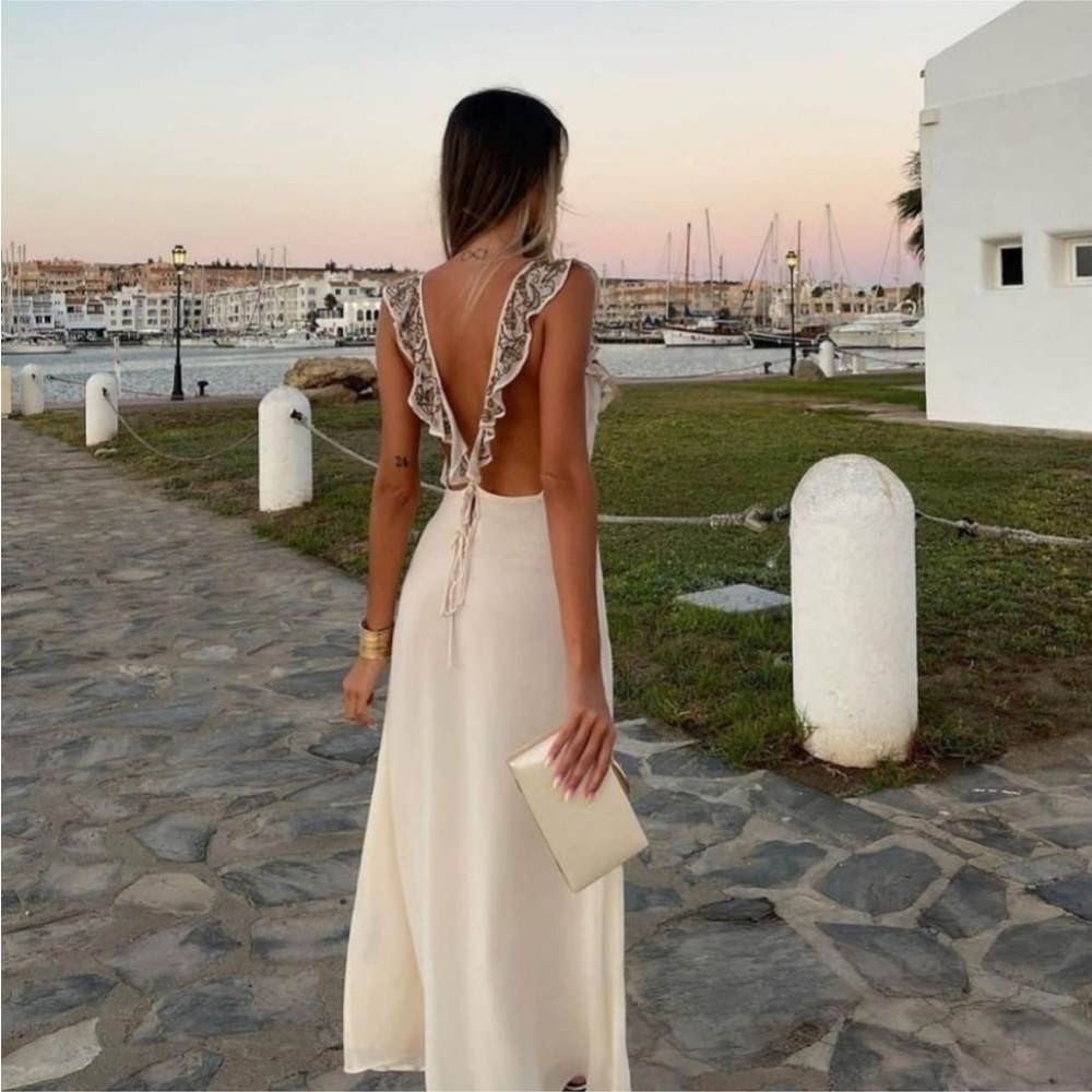 Zara Limited Edition Embroidered Beaded V-Neck Ivory Slip Maxi Dress 7521/652204 - Picture 12 of 15